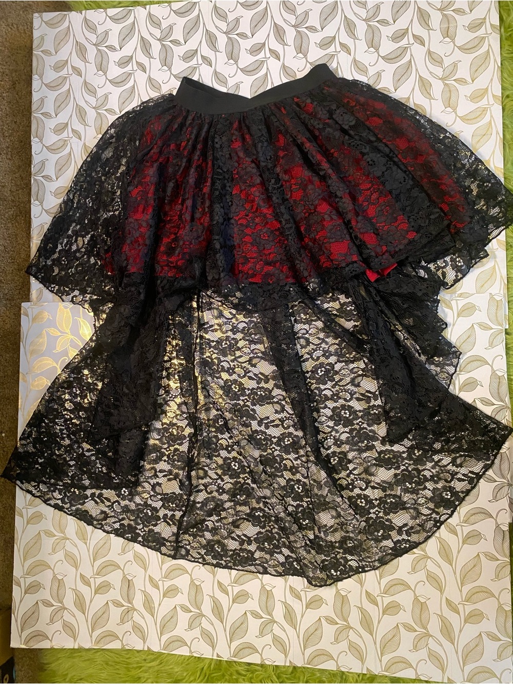ROMWE Black Lace High-Low Skirt with Red Underlay